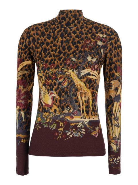 Etro Etro Women Brown High-Neck Sweater With Animal Motif All-Over In Wool Blend Women