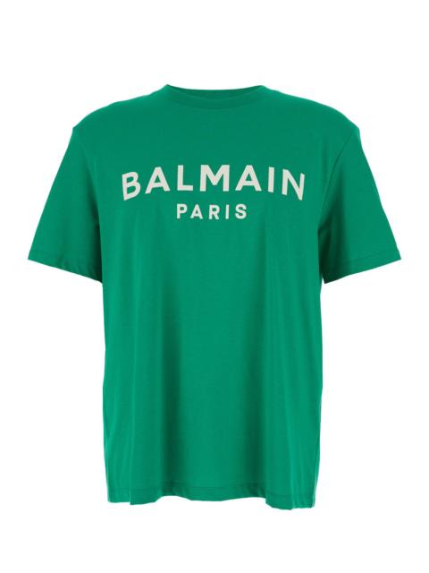 Balmain Balmain Men Green Crewneck T-Shirt With Logo Lettering Print On The Front In Cotton Man
