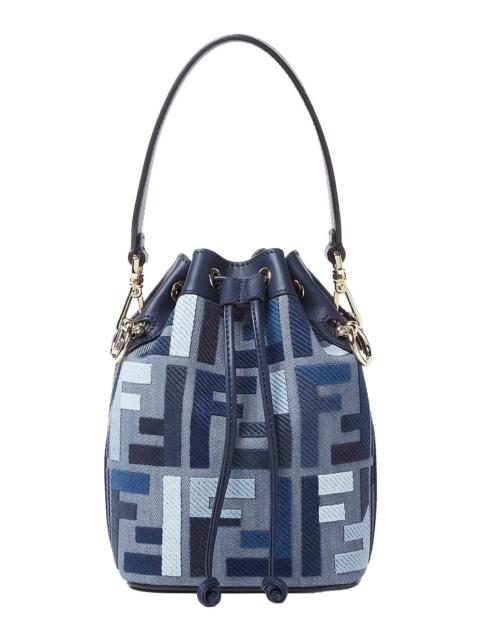 FENDI Fendi Women ‘Mon Tresor Mini’ Blue Bucket Bag With Drawstring Closure And All-Over Ff Motif In Cotto