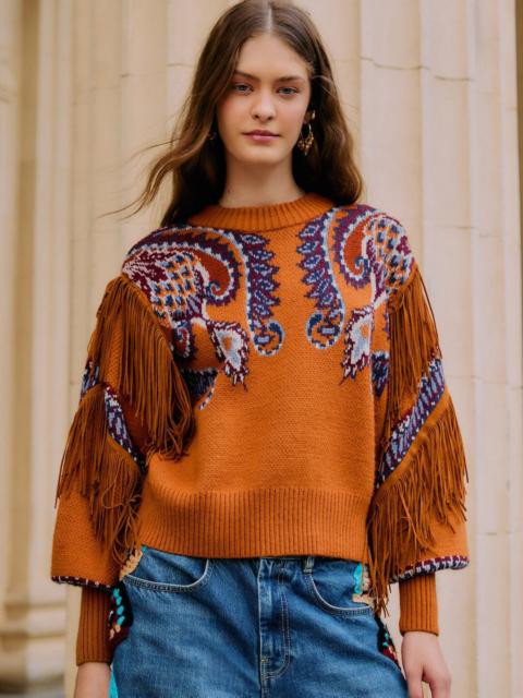 FARM RIO Brown Arabesque Scarf Fringe Cuffed Knit Sweater