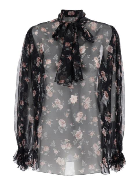 Dolce & Gabbana Dolce & Gabbana Women Black Blouse With Knot In Front And Floral Print In Chiffon Woman