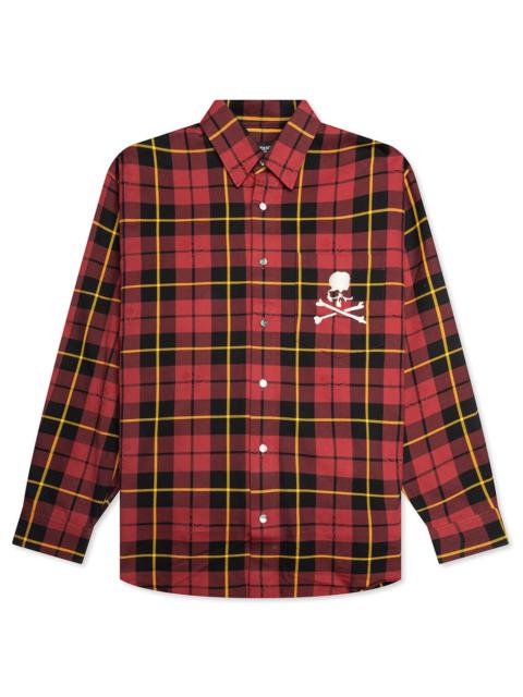 MASTERMIND WORLD PLAID LONG SLEEVE WOVEN SHIRT - BURGUNDY PLAID