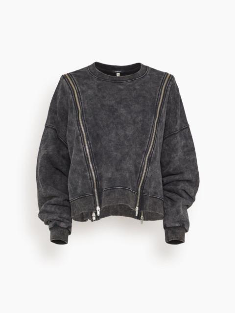 R13 Zippered Crewneck Sweatshirt in Washed Black