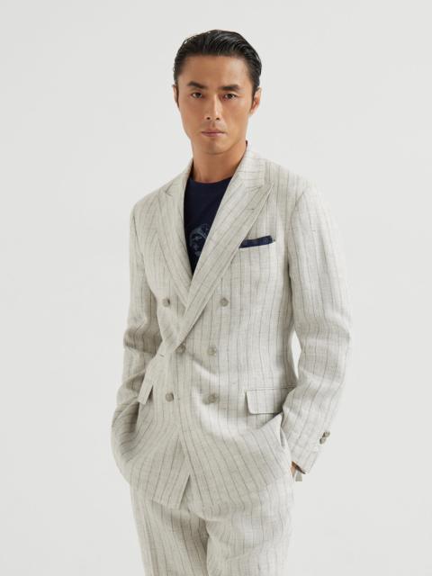 Brunello Cucinelli Chalk stripe linen twill one-and-a-half breasted deconstructed blazer with metal buttons