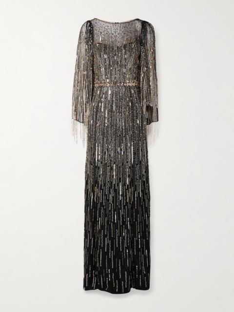 JENNY PACKHAM Rhapsody Fringed Embellished Tulle Gown