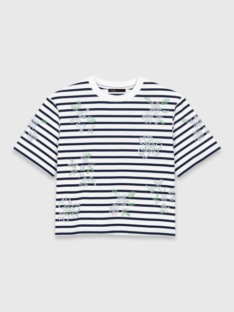 maje Striped rhinestone flower T-shirt