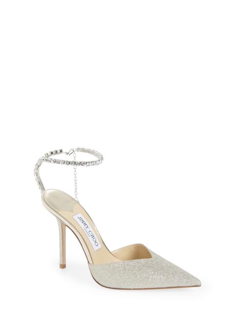 JIMMY CHOO Jimmy Choo Saeda Glitter Crystal Ankle Strap Pointed Toe Pump in Ice/Crystal at Nordstrom