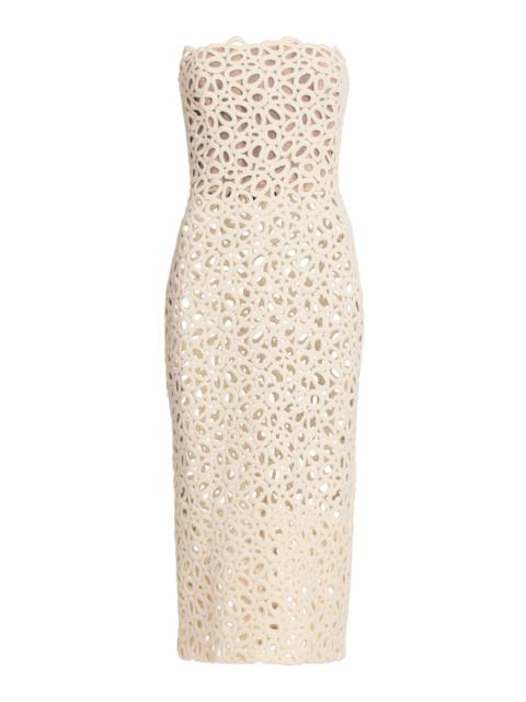 ELIE SAAB Strapless Macrame Midi Dress white