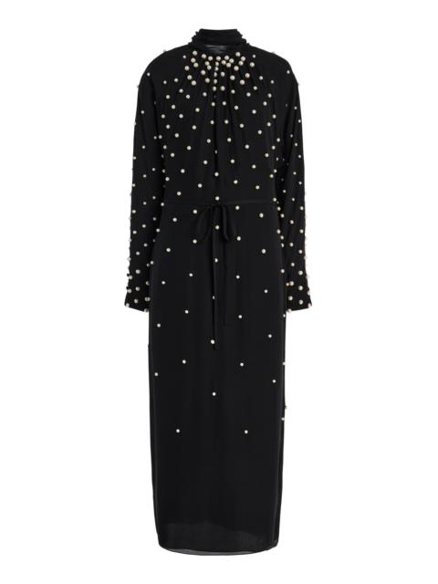 Oscar de la Renta Pearl-Embellished Silk-Georgette Midi Dress black
