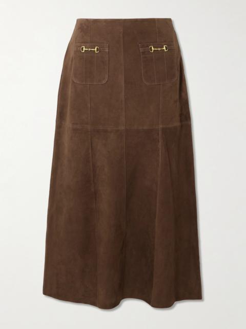RIXO Edwina Embellished Paneled Suede Midi Skirt