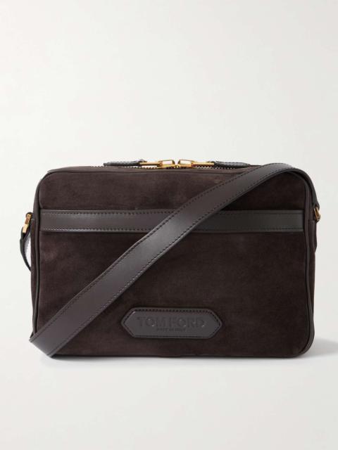 Logo-Embossed Leather-Trimmed Suede Messenger Bag