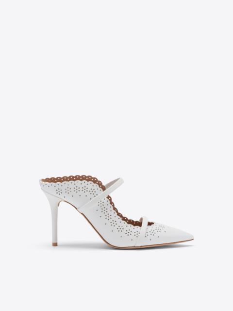 MALONE SOULIERS Maureen 85 White Broderie Leather Heeled Mules