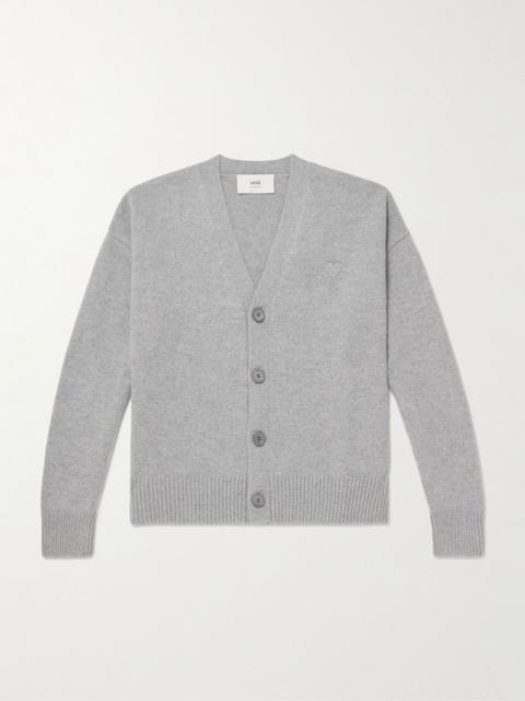 AMI Paris Logo-Embroidered Wool and Cashmere-Blend Cardigan Gray