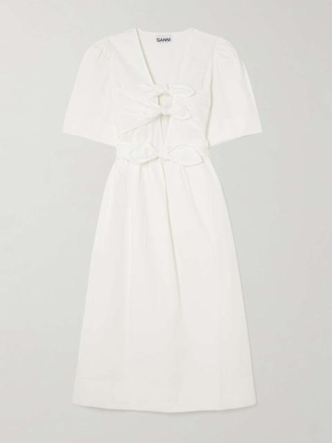 Belted tie-detailed gathered cotton-blend poplin midi dress White