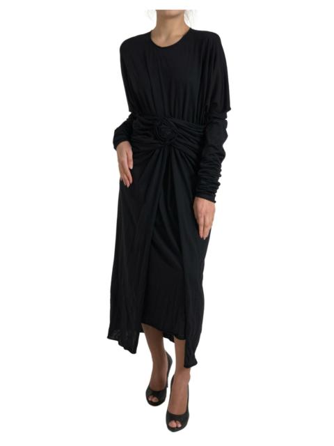 Dolce & Gabbana Black Wool Wrap Sheath Midi Gown Dress