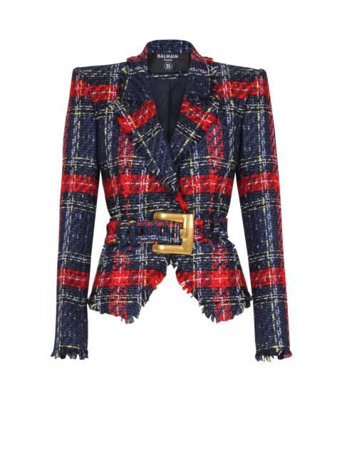 Balmain Belted plaid tweed jacket
