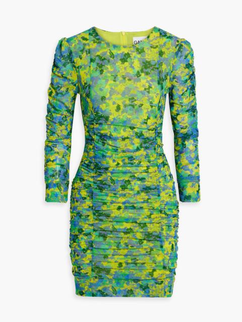 GANNI Ruched printed stretch-mesh mini dress