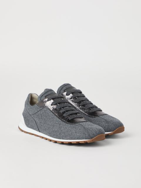 Brunello Cucinelli Virgin wool flannel and lamé calfskin runners with monili