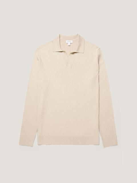 Sunspel Long Sleeve Fine Rib Silk Cotton Polo Shirt