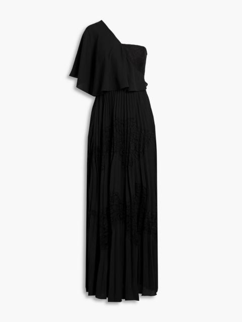 Other Designers One-shoulder pleated crepe and lace maxi dress