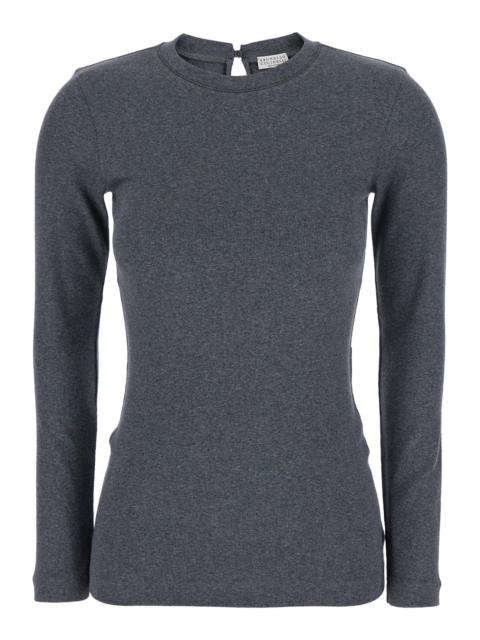 Brunello Cucinelli Brunello Cucinelli Women Grey Crewneck T-Shirt With Monil Detail On The Collar And Rear Cut-Out In C