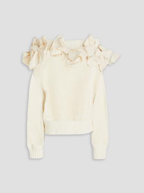 Oscar de la Renta Off-the-shoulder bow-detailed open-knit cotton sweater