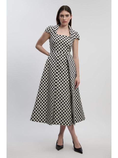 KAREN MILLEN Petite Spot Jacquard Square Neck Tailored Full Skirted Midi Dress