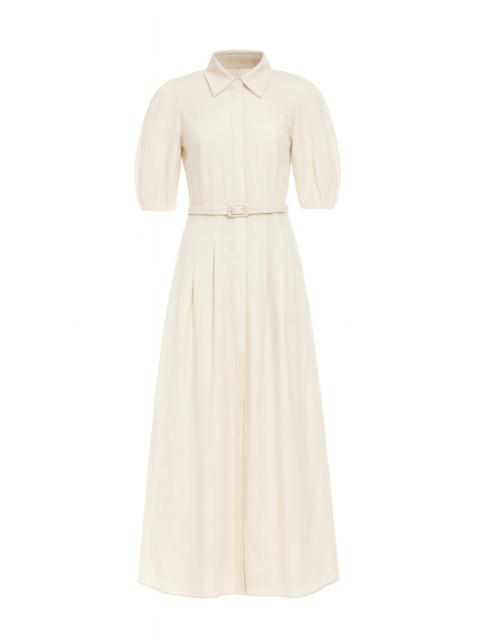Maude Pleated Midi Shirtdress in White Aloe Linen
