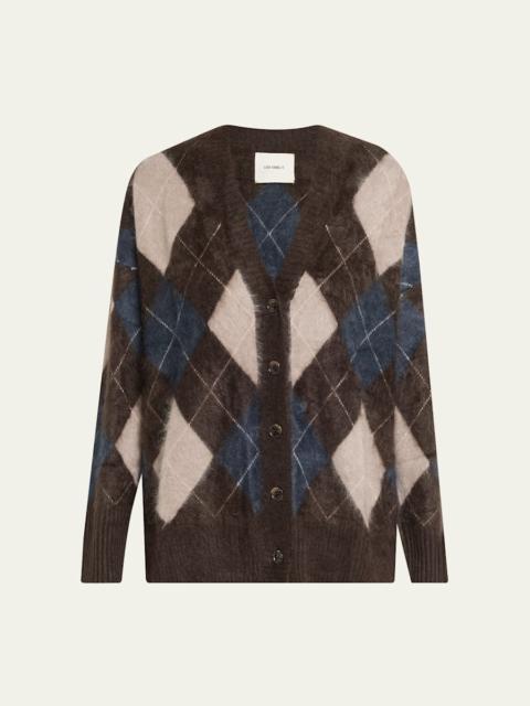LISA YANG Elaria Argyle Fuzzy Cashmere V-Neck Cardigan