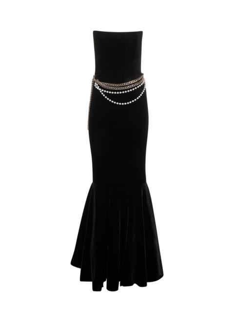 self-portrait Self Portrait Women Black Stretch Velvet Chain Belt Long Dress