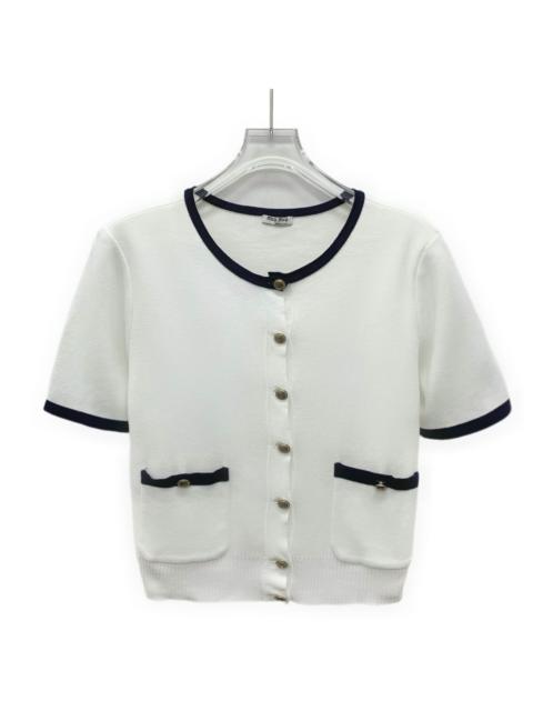 Miu Miu Miu Miu White Cotton Crew Neck Short Sleeve Single-Breasted Knit Cardigan