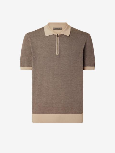CORNELIANI Ice cotton and silk polo shirt with nude/brown zip