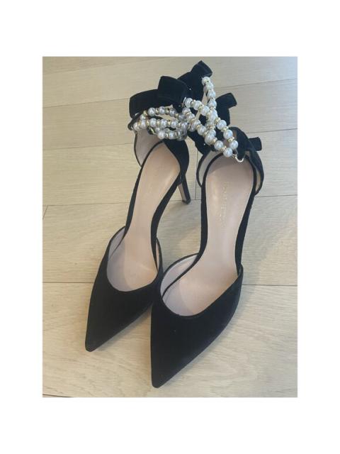 Stuart Weitzman Stuart Weitzman Black Velvet Pearl-Embellished Ankle Tie Pointed Toe Heels