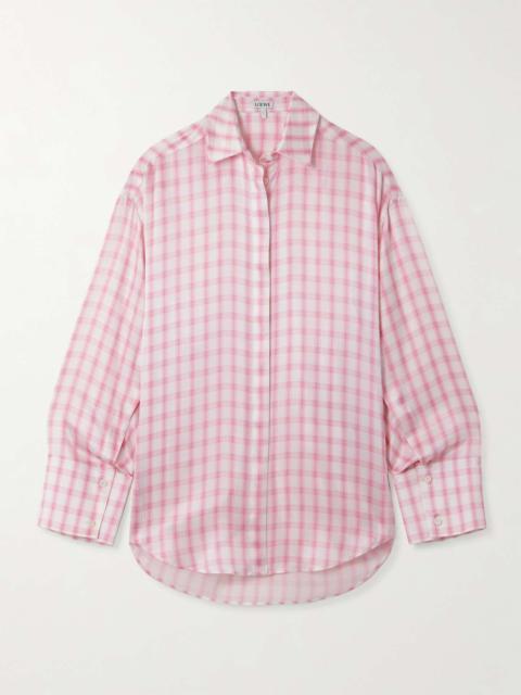 Oversized embroidered checked silk shirt Pastel pink