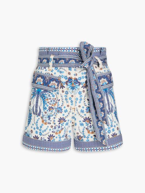 FARM RIO Belted printed cotton-twill shorts
