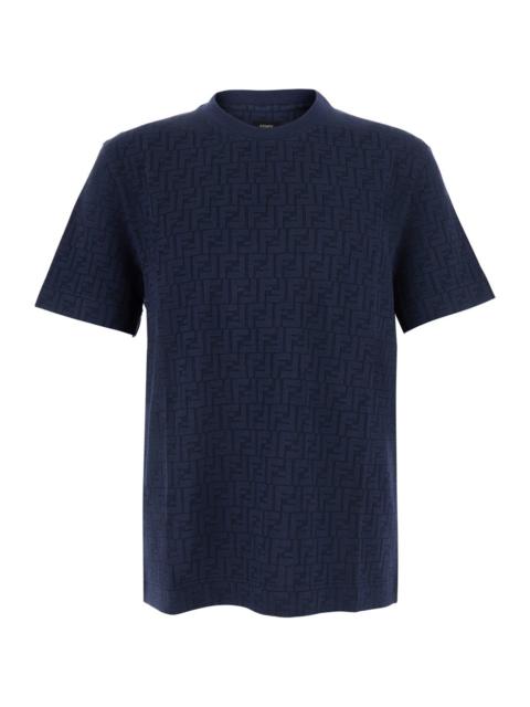 FENDI Fendi Men Blue Crew Neck T-Shirt With Ff All-Over Motif In Cotton For Men