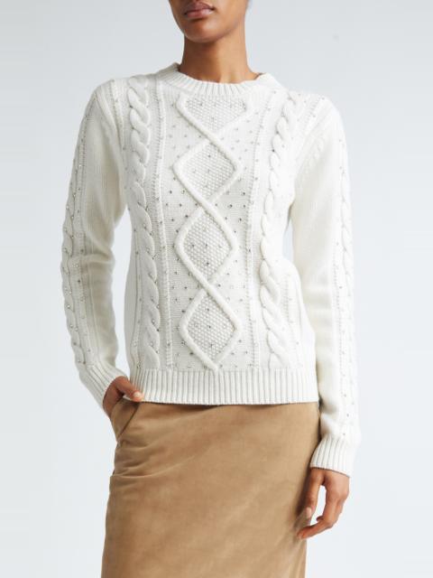 Max Mara Max Mara Onde Embellished Cable Stitch Wool & Cashmere Sweater in White at Nordstrom