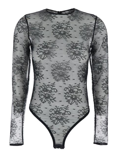 Dolce & Gabbana Dolce & Gabbana Women Black Bodysuit With All-Over Floral Embroidery And Semi-Sheer Design In Stretc