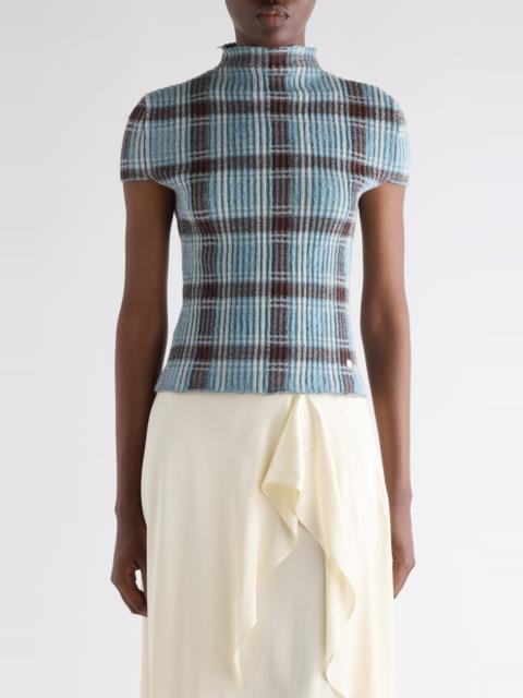Acne Studios Acne Studios Plaid Short Sleeve Wool Funnel Neck Sweater in Blue/Brown at Nordstrom