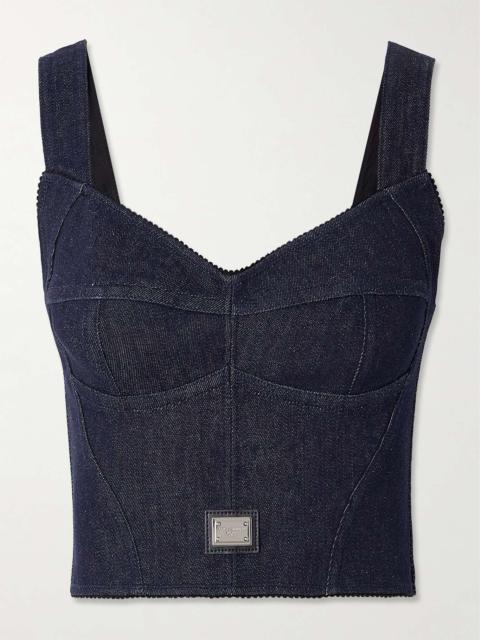 Picot-trimmed denim bustier top