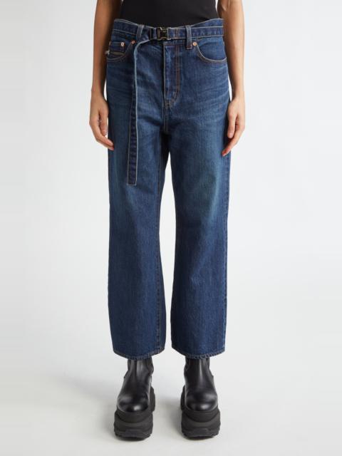 sacai Sacai Belted Crop Bootcut Jeans in Blue at Nordstrom