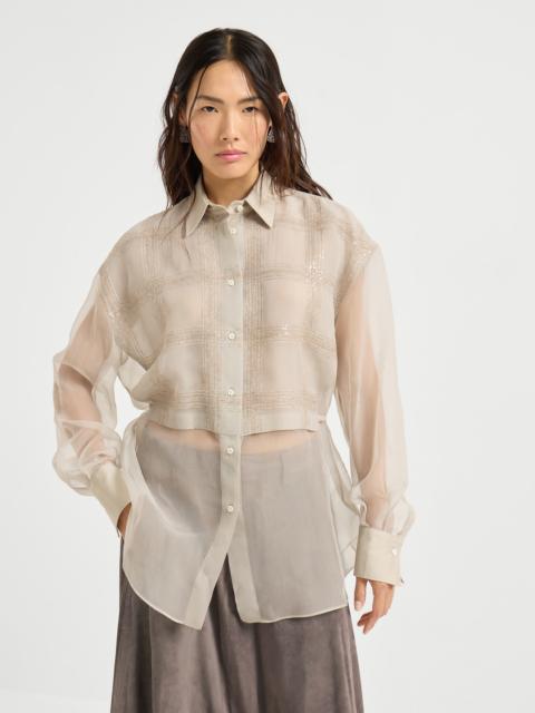 Brunello Cucinelli Crispy silk layered shirt with dazzling checks embroidery