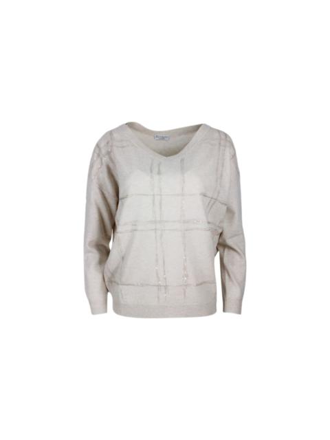 Brunello Cucinelli Lightweight V-neck Long-sleeved Oversized Sweater With Window Motif Embellished With Micro-sequins I