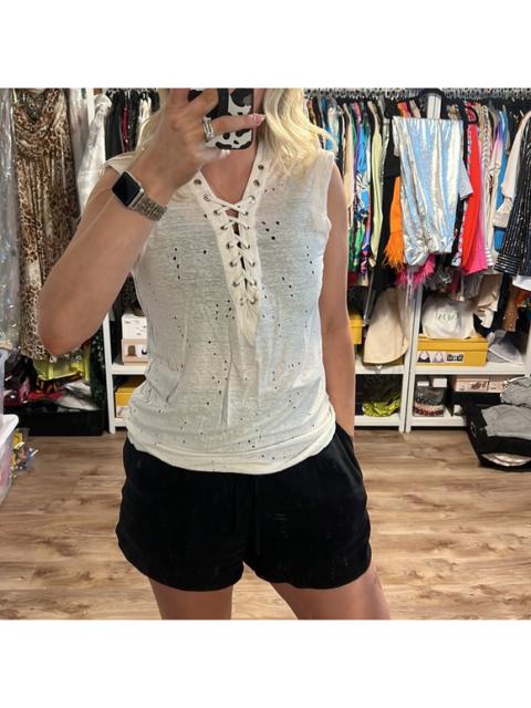 Other Designers Olivaceous - Olivacious White Linen Distressed Lace-Up Sleeveless Shirt