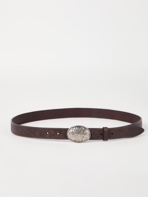 Brunello Cucinelli Leaf motif calfskin belt with braided metal buckle