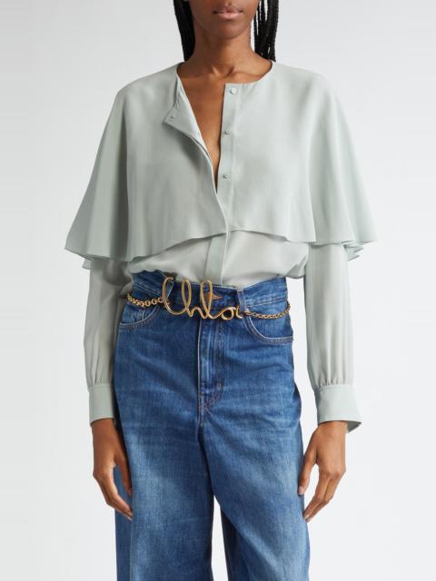 Chloé Cape Overlay Silk Georgette Button-Up Shirt in Desert Green at Nordstrom