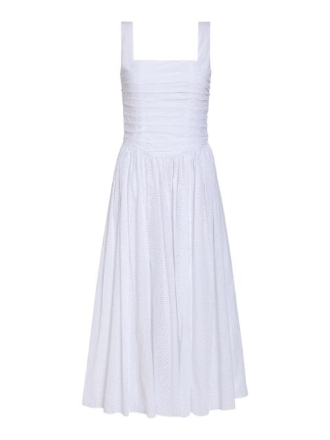 markarian Maeve Ruched Cotton Eyelet Midi Dress white