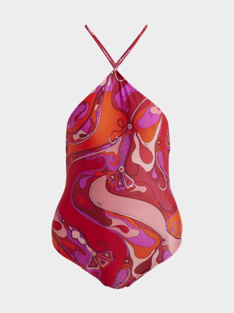 Orchidee-Print Backless Halter One-Piece Swimsuit