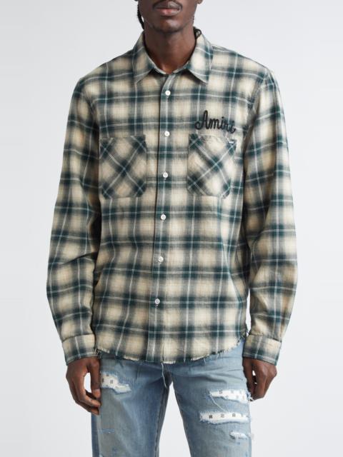 AMIRI AMIRI Shotgun Distressed Plaid Flannel Button-Up Shirt in Evergreen at Nordstrom
