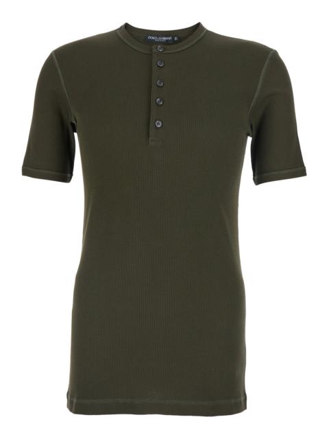 Dolce & Gabbana Dolce & Gabbana Men 'Serafino' Green Crew Neck T-Shirt With Ribbed Knit In Cotton For Men